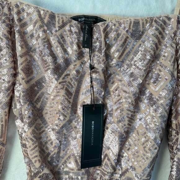 BCBGMAXAZRIA Sequin Off-Shoulder Ruched Dress – Small – Rose Gold - Picture 13 of 14